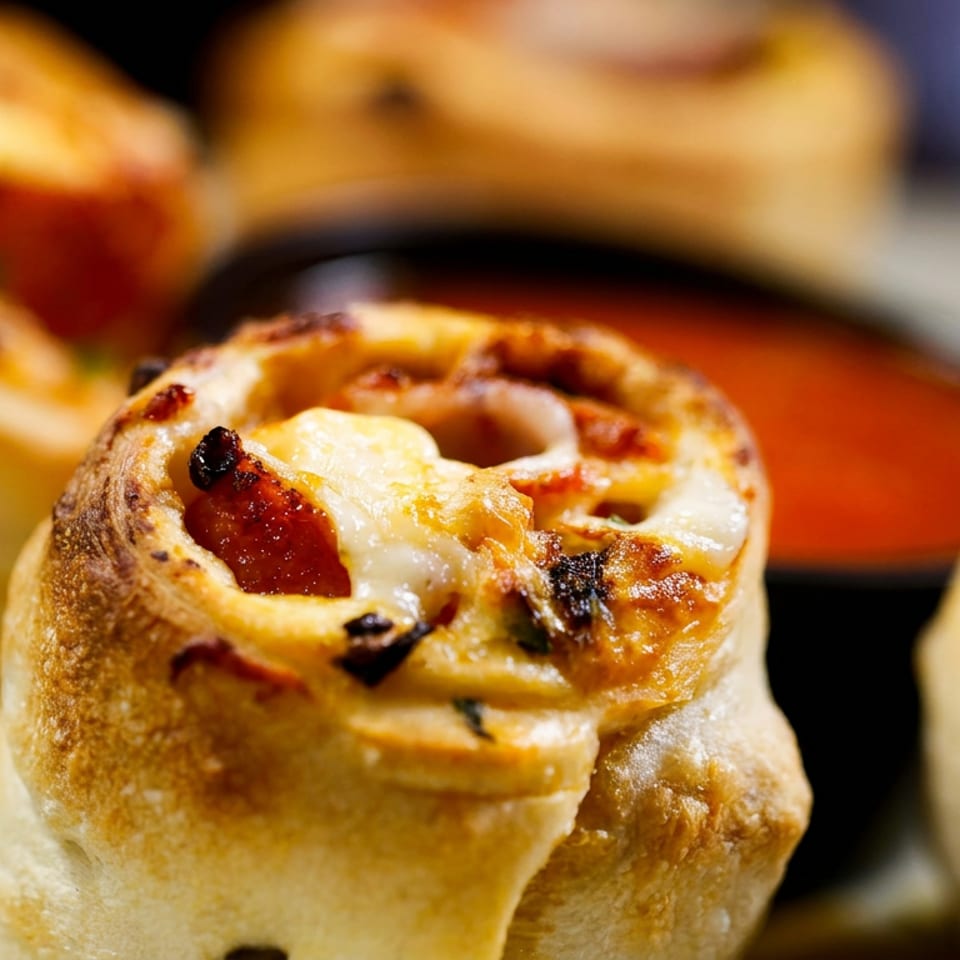 Close-up of golden-brown pizza rolls with melted cheese and pepperoni, with a red dipping sauce in the background.