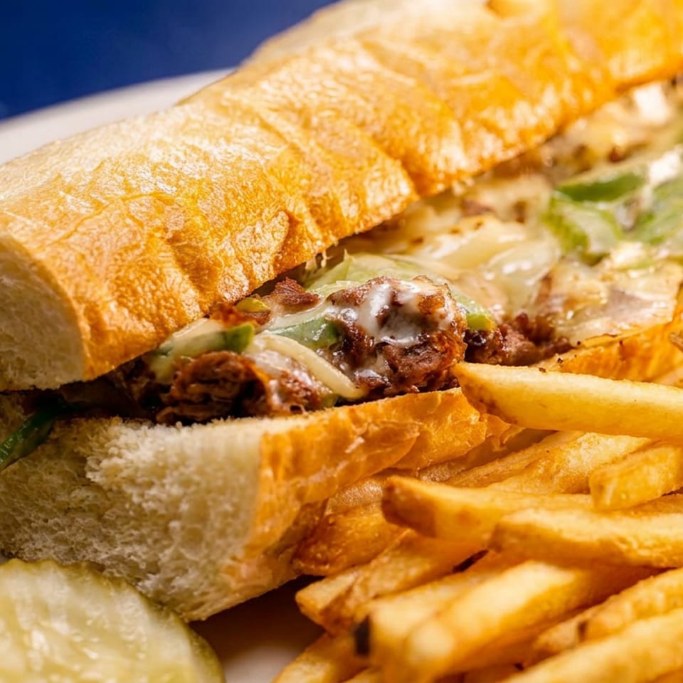 Cheesesteak sandwich with melted cheese, peppers, and onions, served with french fries and pickles.
